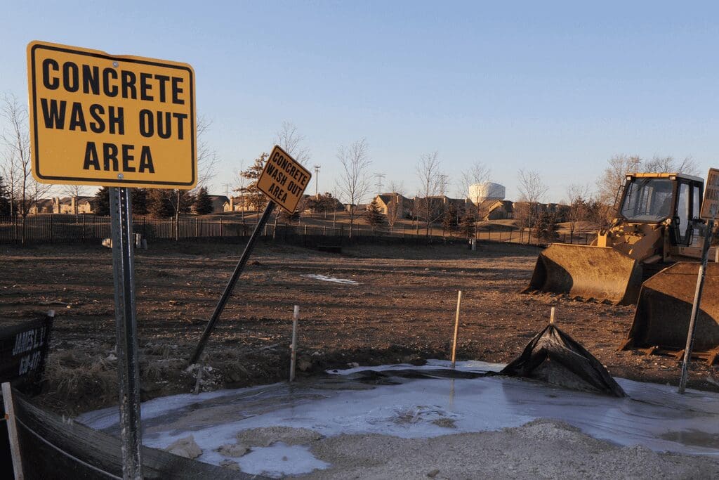 A tipped-over street sign near a construction area with barren land.