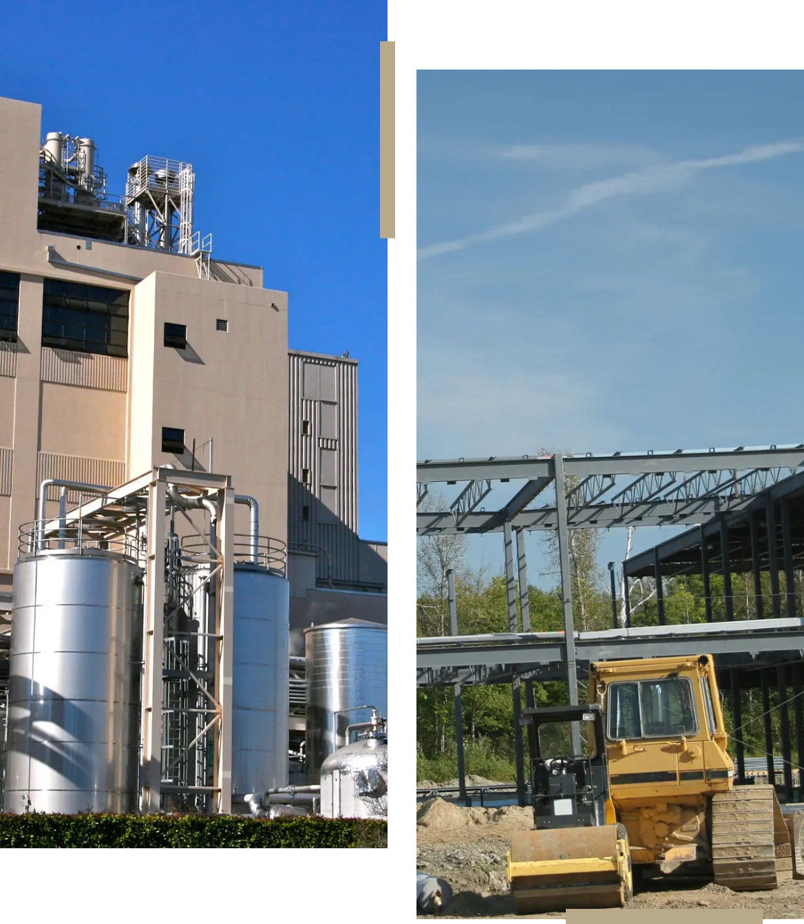 Industrial building with metal silos and modern glass structures under a blue sky.