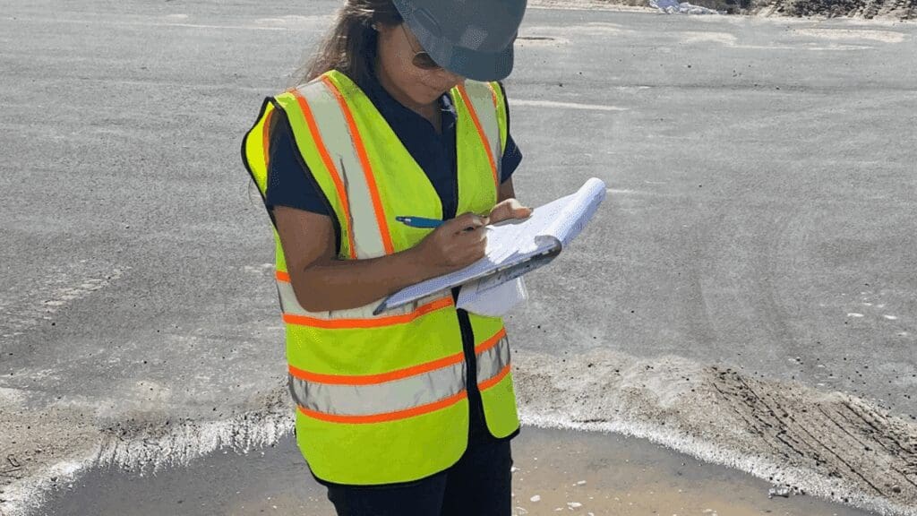 A woman in a safety vest writing on a clipboard outdoors.