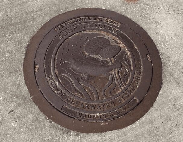 Decorative manhole cover featuring a fish design and water theme.