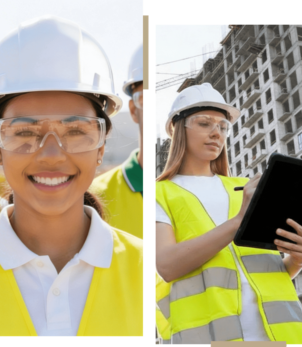 Two construction workers wearing safety gear at a building site.