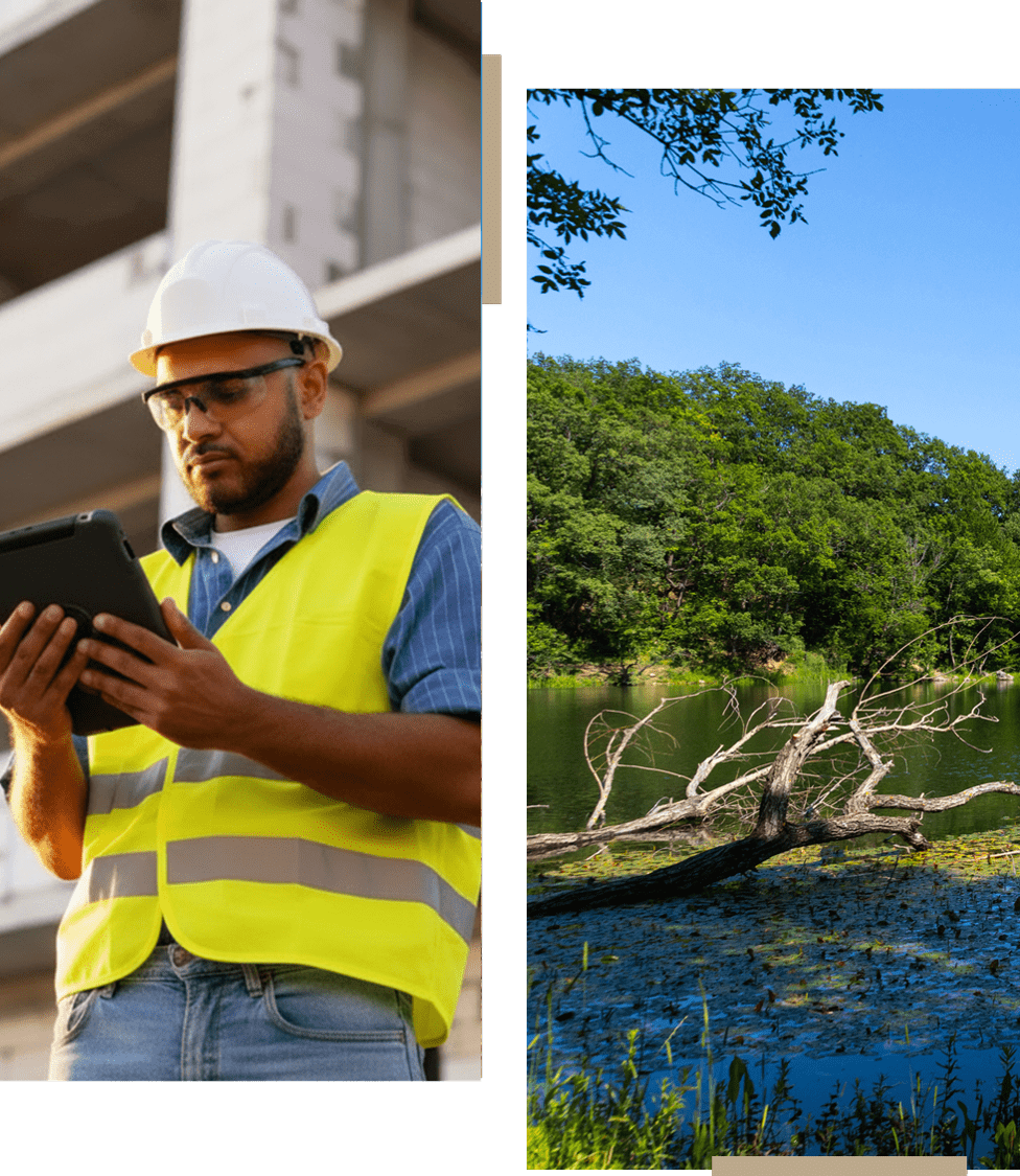 Construction worker using a tablet on site.