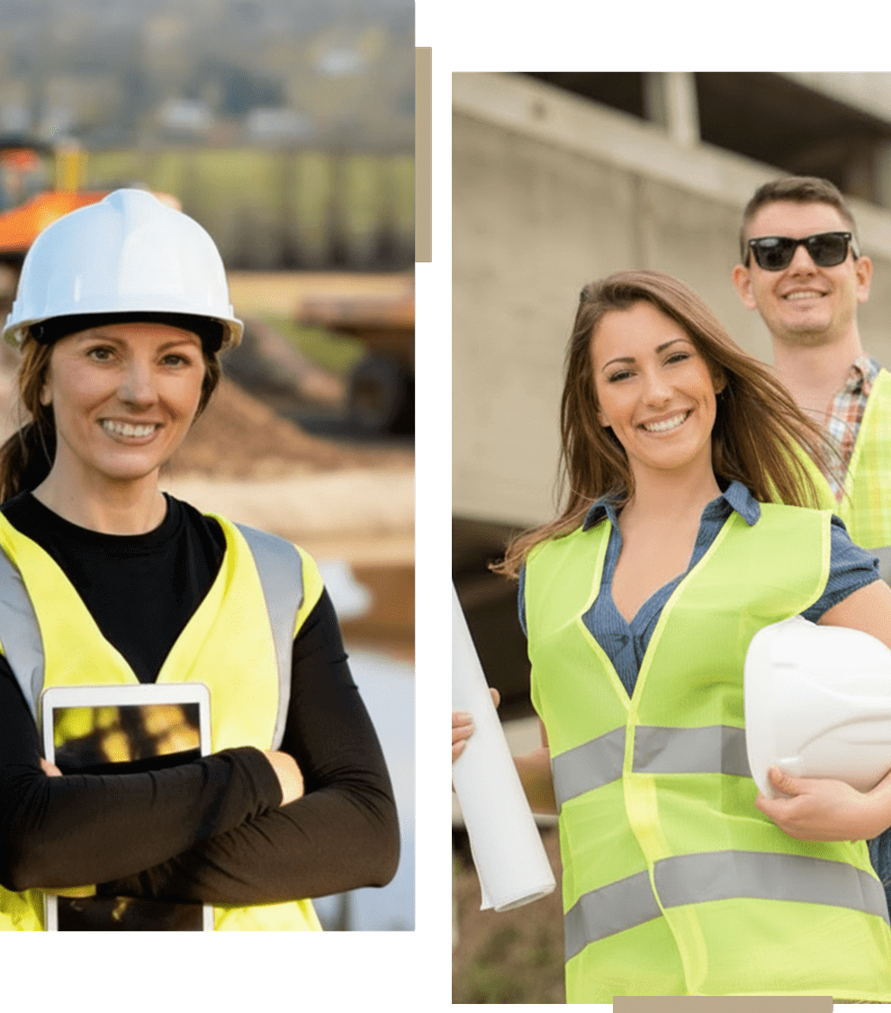 Two images showing construction workers in safety vests and helmets.
