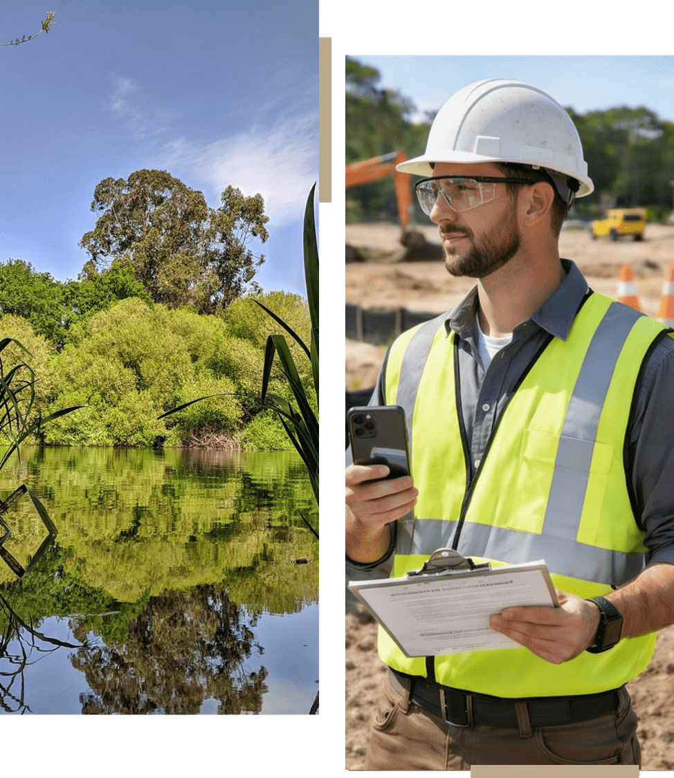 A serene lake with green trees reflecting in the water under a clear sky.