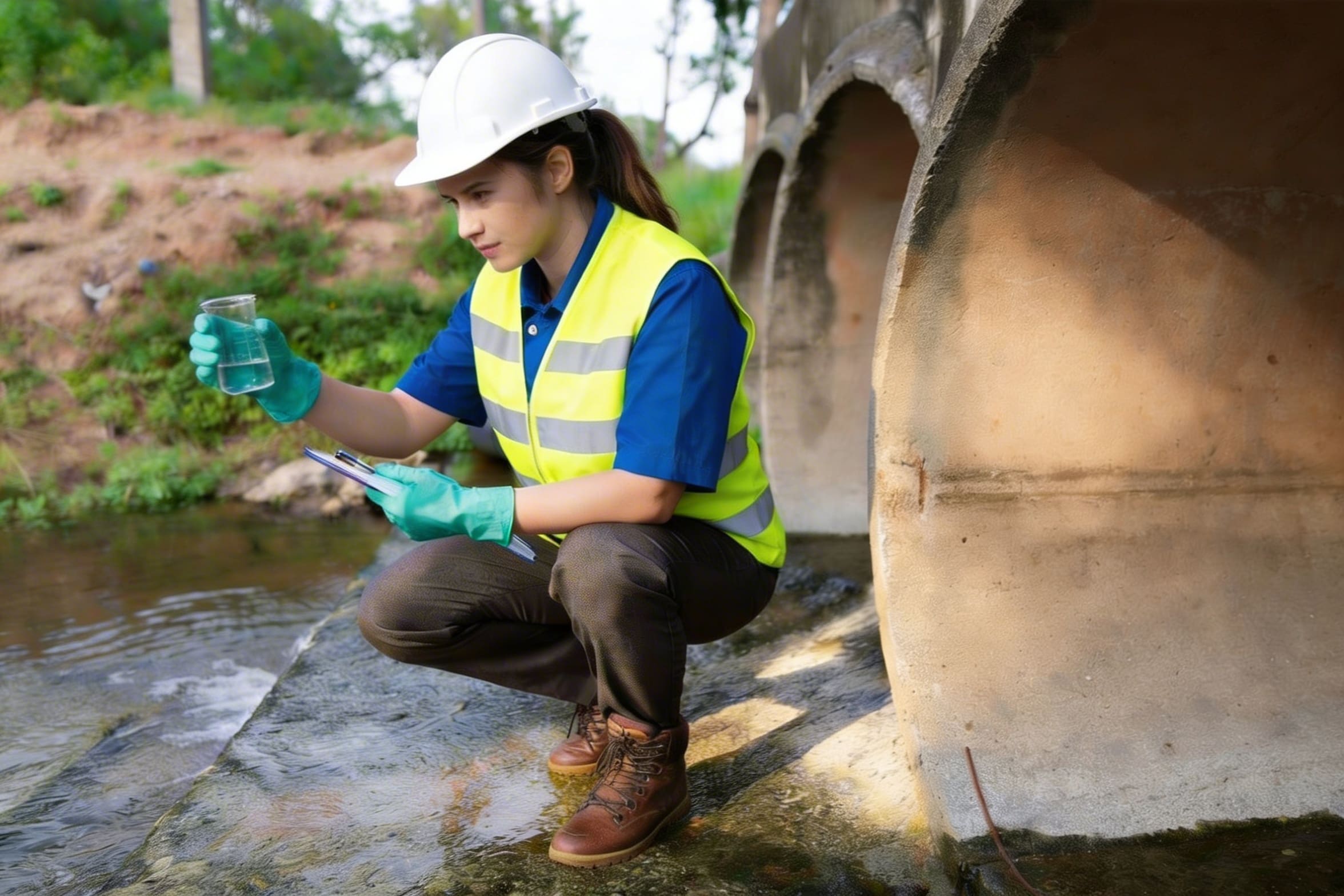 A woman in safety gear inspecting soil near a kiln outdoors.