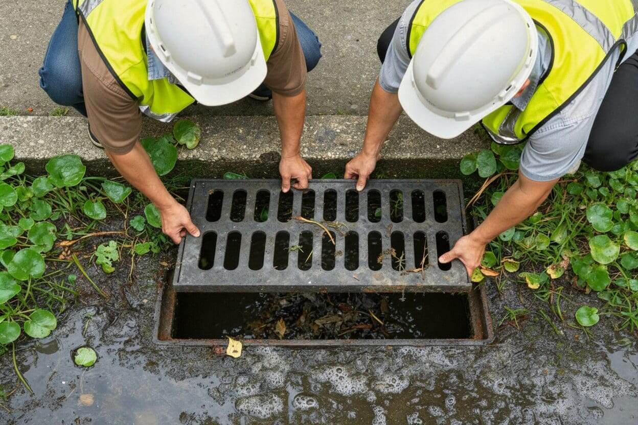 Two workers in safety gear removing a metal grate from a drainage opening.
