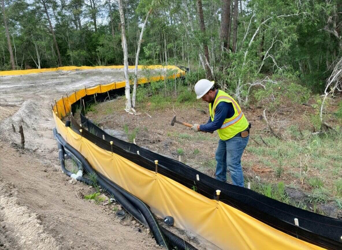 Worker installing a yellow silt fence for erosion control on a construction site.