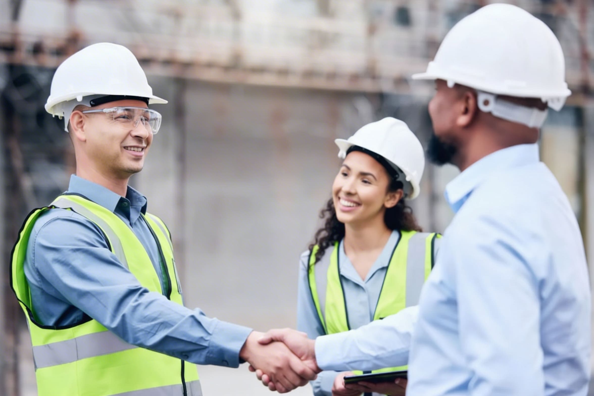 Construction professionals shaking hands on site.