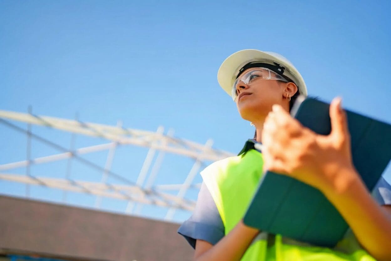 Construction worker holding blueprints at a building site.