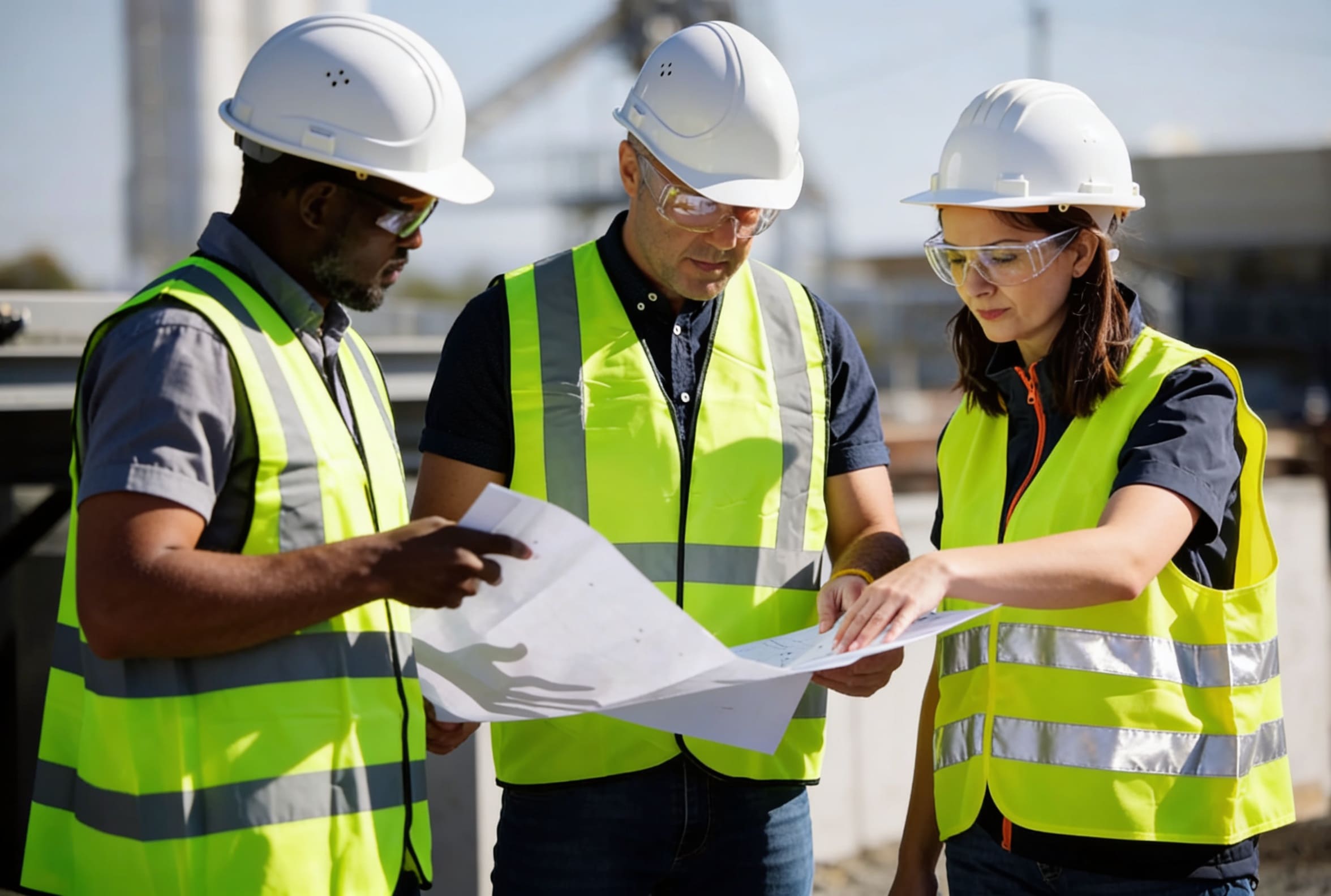 Three construction workers in safety gear reviewing blueprints.