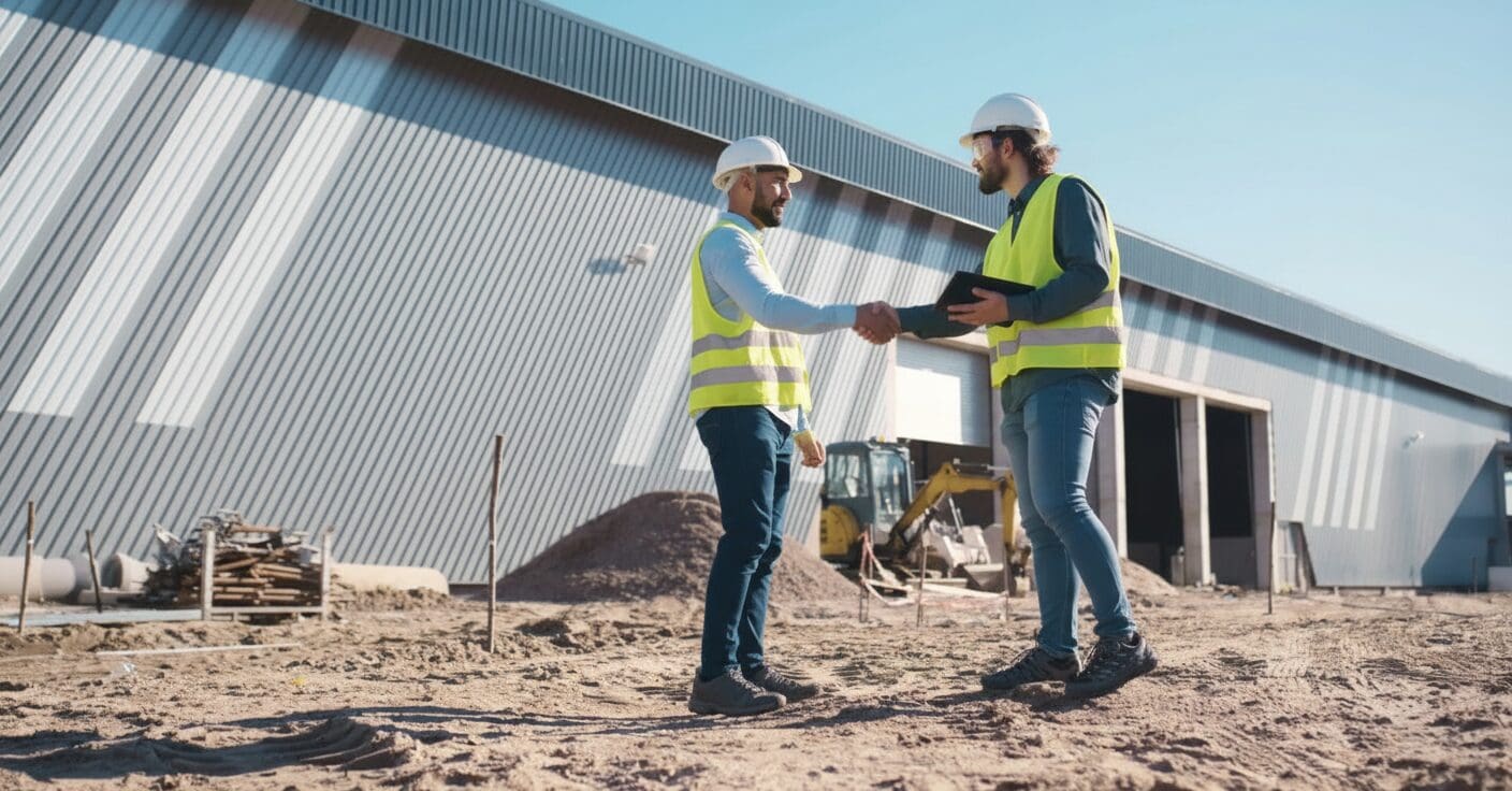 Two construction workers reviewing plans at a building site.
