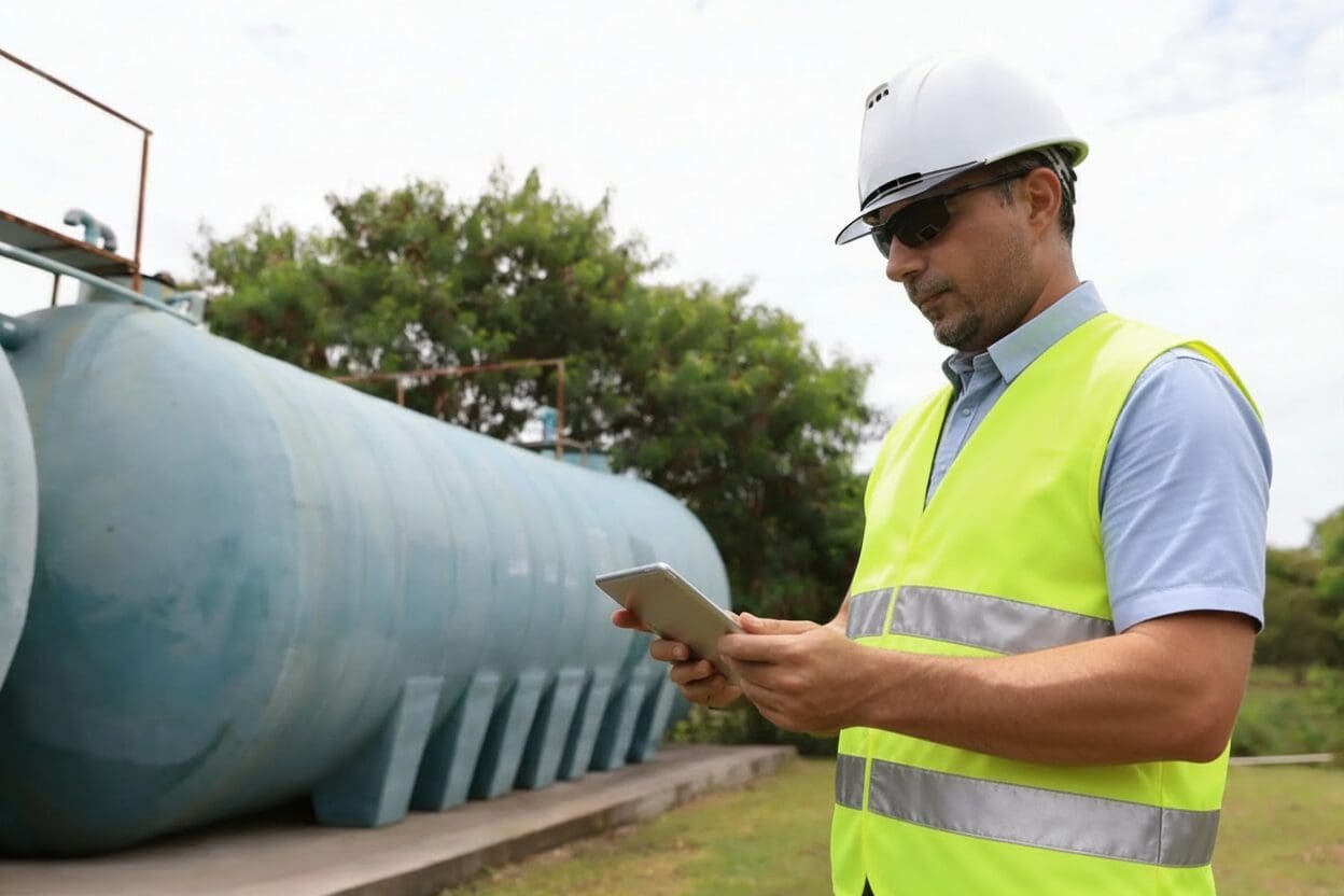Engineer inspecting a large pipeline outdoors using a tablet.