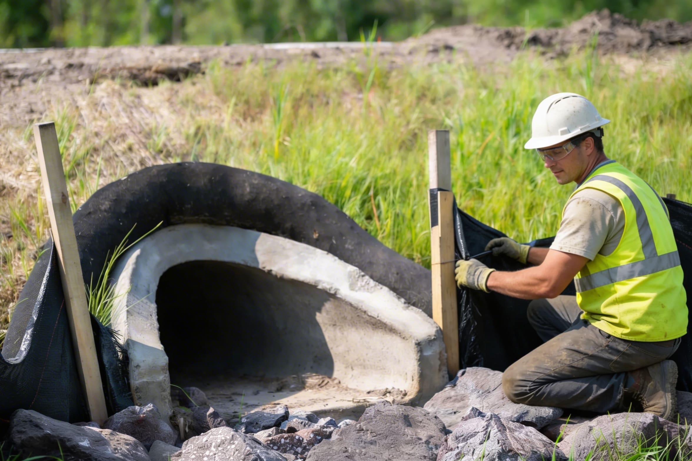 Man building a traditional stone oven outdoors.