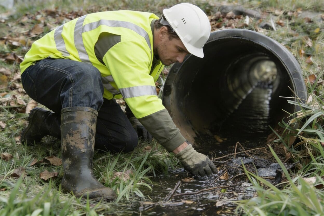 Person inspecting water near a pipe in a muddy area.