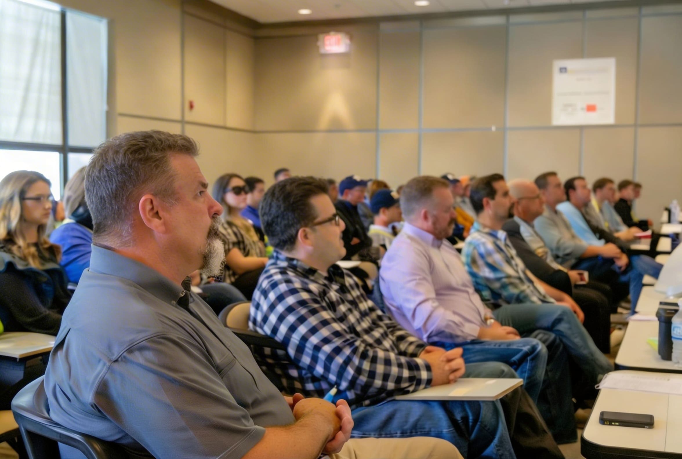Audience attentively listening at a conference.