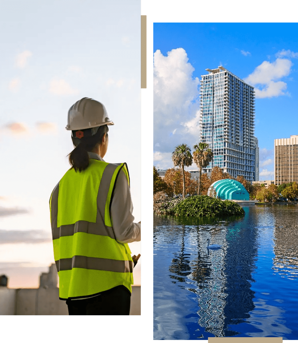 A construction worker in a yellow vest and helmet overlooking a cityscape by water.