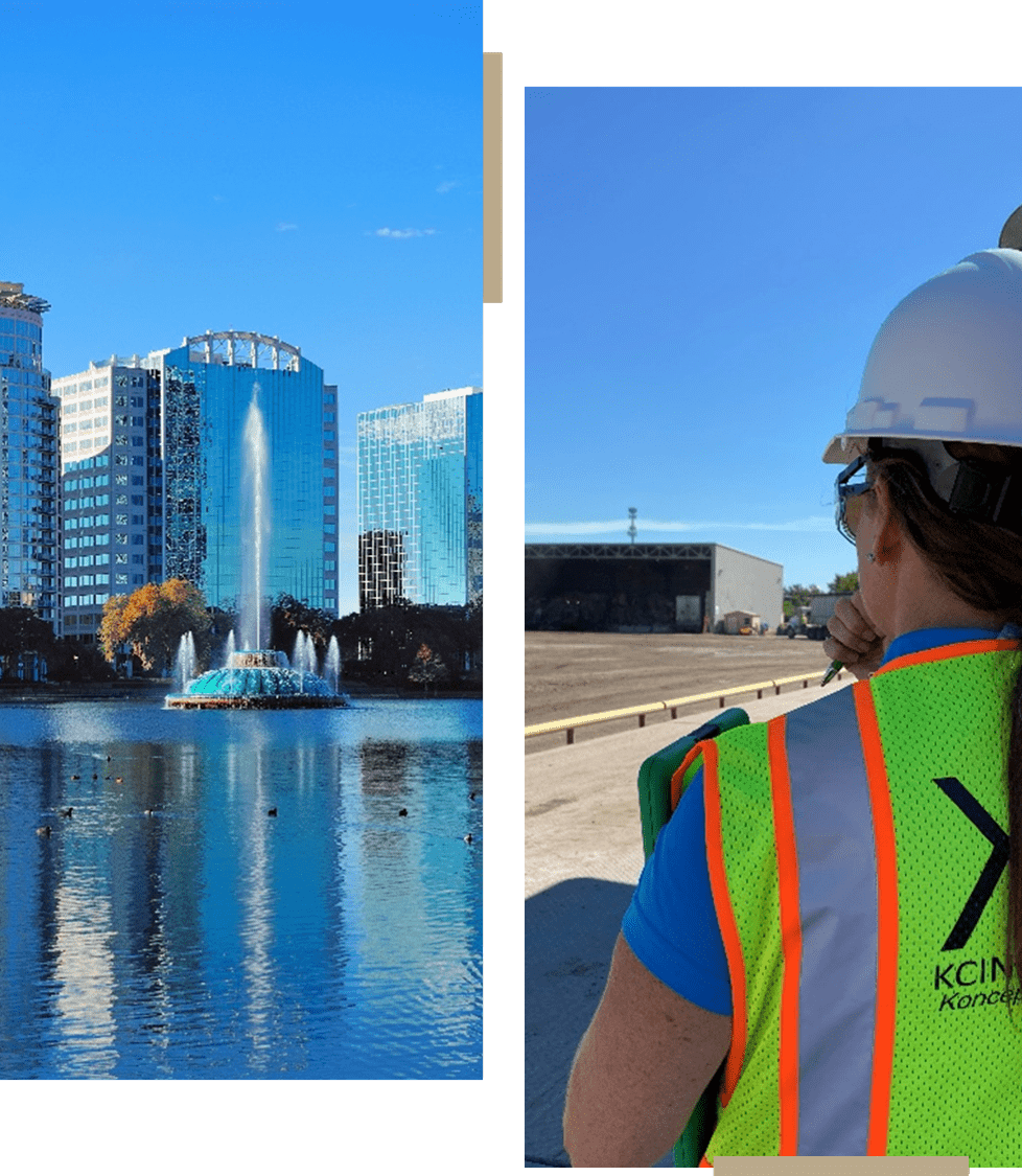 Cityscape with modern buildings reflected in water on a clear day.