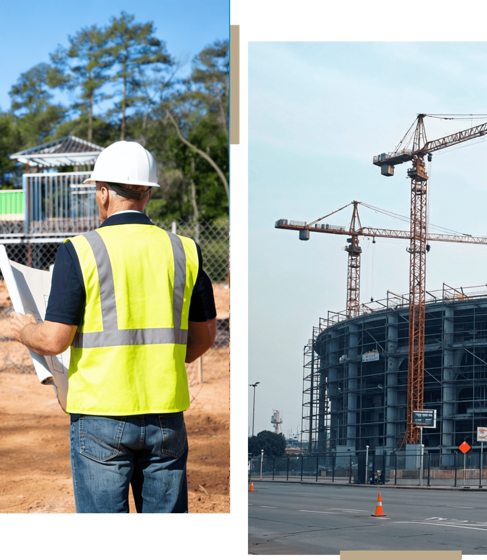 Construction worker reviewing plans at a building site with cranes in the background.