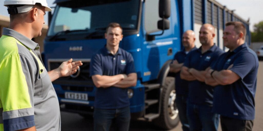 Three men standing confidently in front of a blue delivery truck.