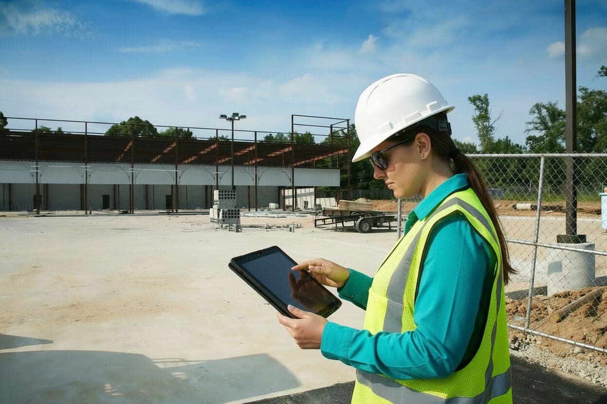 Construction worker using a tablet on site.