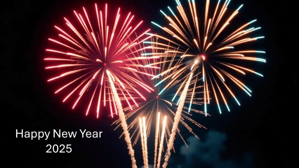 Colorful fireworks bursting in the night sky to celebrate New Year 2015.