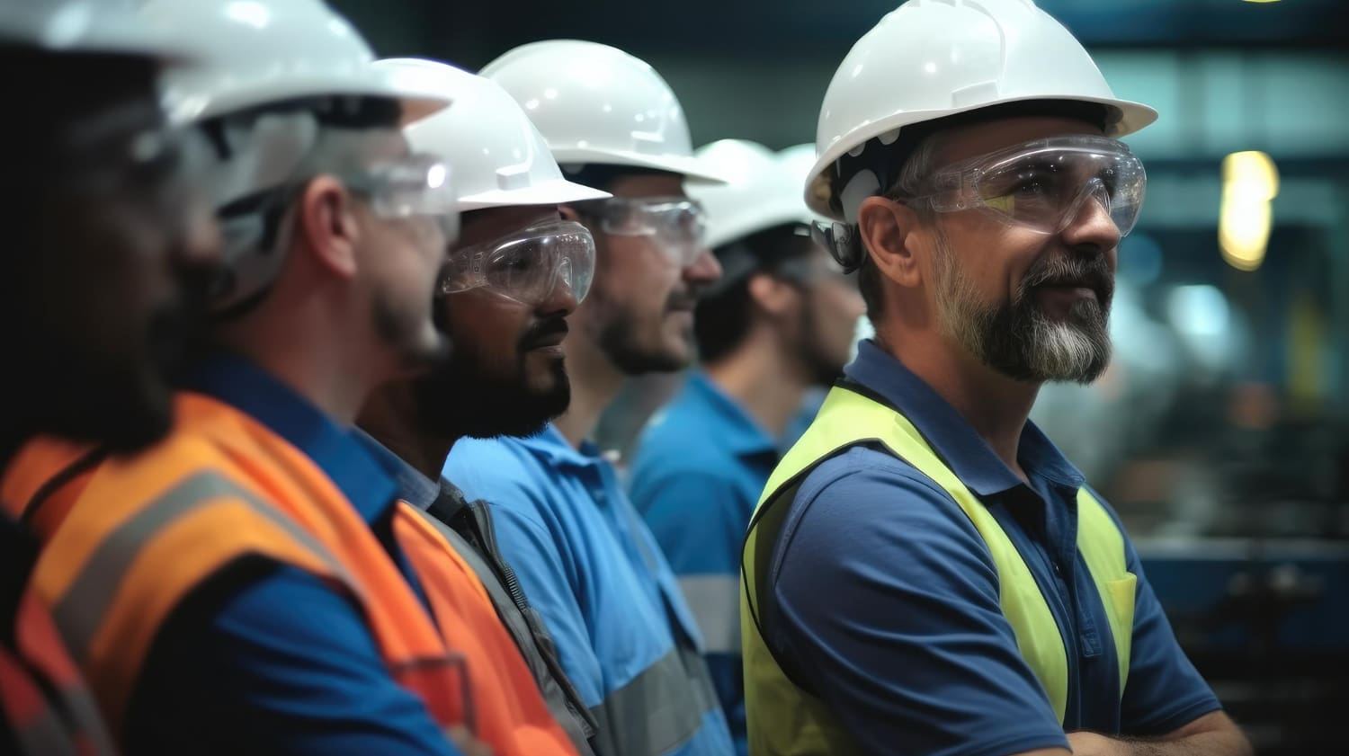 Group of construction workers wearing helmets and safety gear.