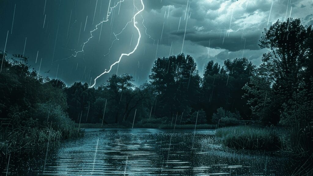 Lightning strikes during a heavy rainstorm over a forested area and river.