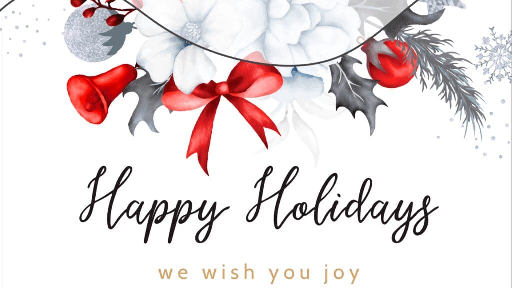Festive holiday greeting with red ribbons and white flowers.