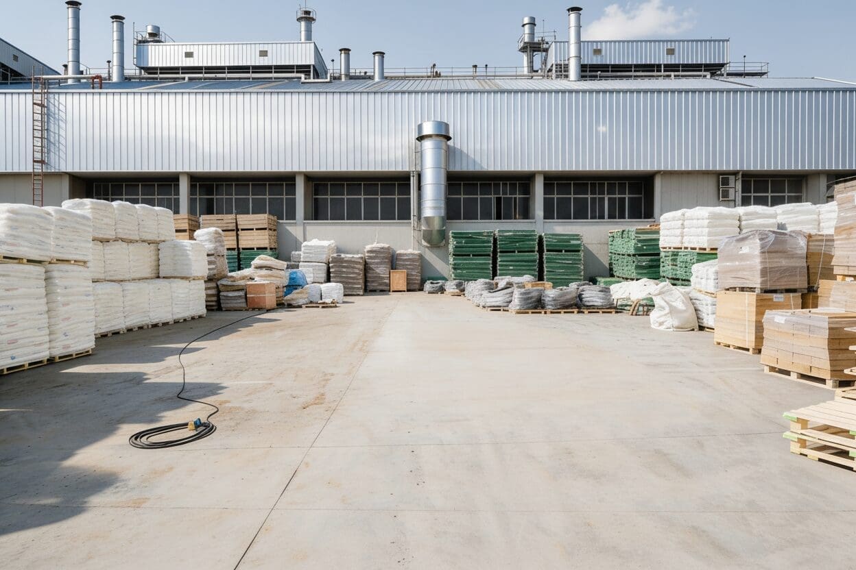 Industrial storage area with large containers and equipment outside a factory building.