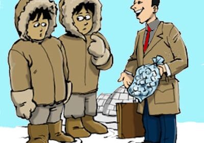 Two Inuit children in traditional clothing meet a man in a suit holding a basket.