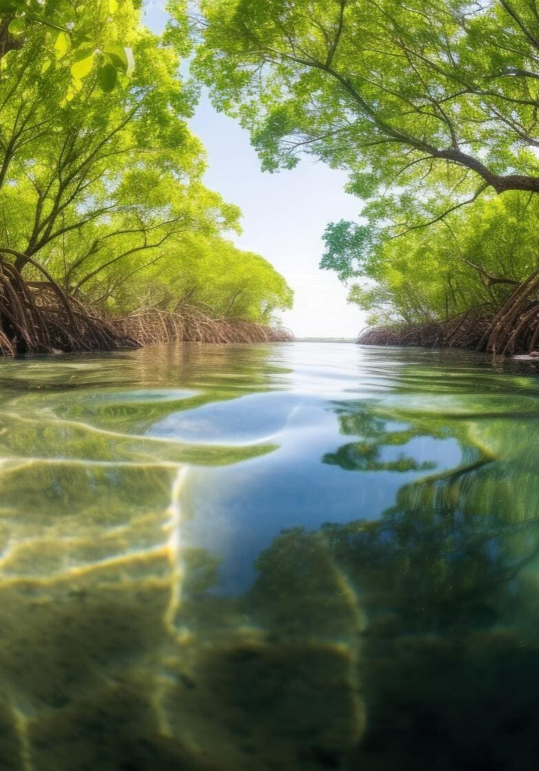 A serene mangrove waterway with clear water and sunlight.