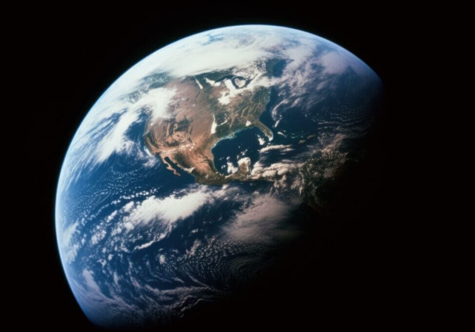 View of Earth from space showing clouds and continents.