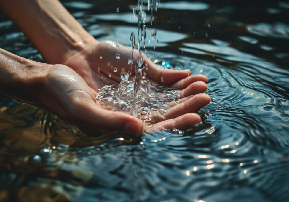 Hands catching clear water droplets over a rippling surface.