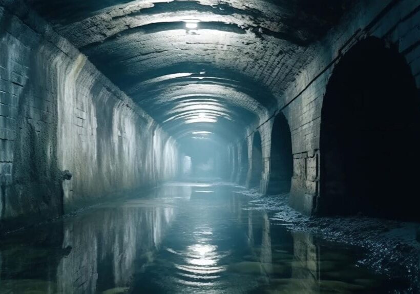 A dimly lit, arched underground tunnel with water reflecting the ceiling.