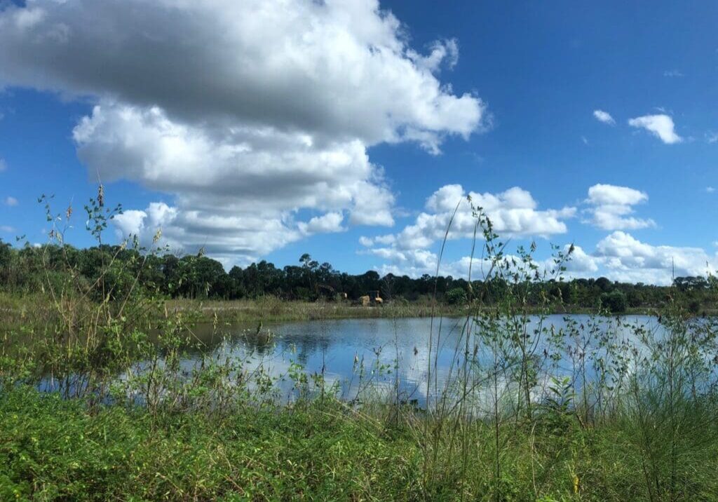 A serene lake surrounded by greenery under a partly cloudy sky.