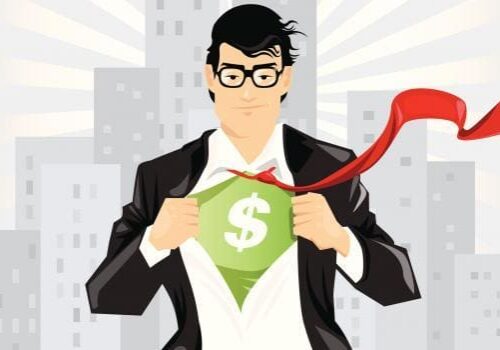 Businessman revealing a dollar-sign superhero emblem beneath his shirt.