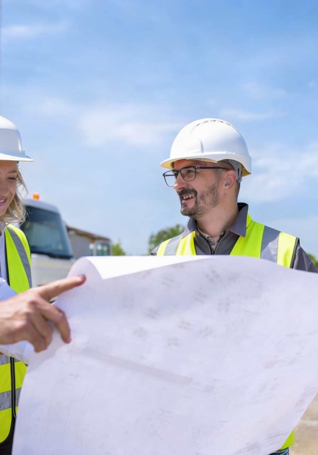 Construction workers reviewing blueprints at a site.