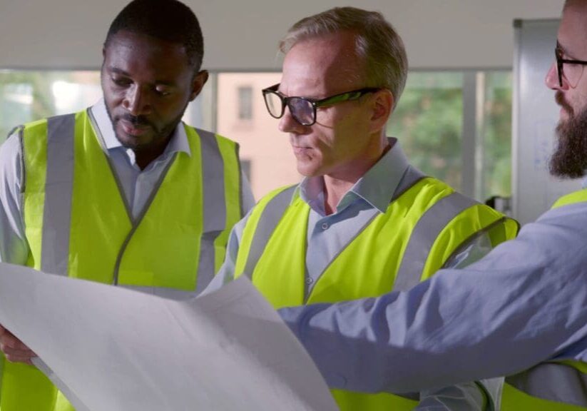 Two men in yellow safety vests reviewing a blueprint indoors.