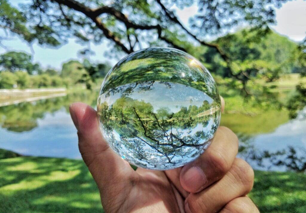 Hand holding a glass sphere reflecting trees and a lake.