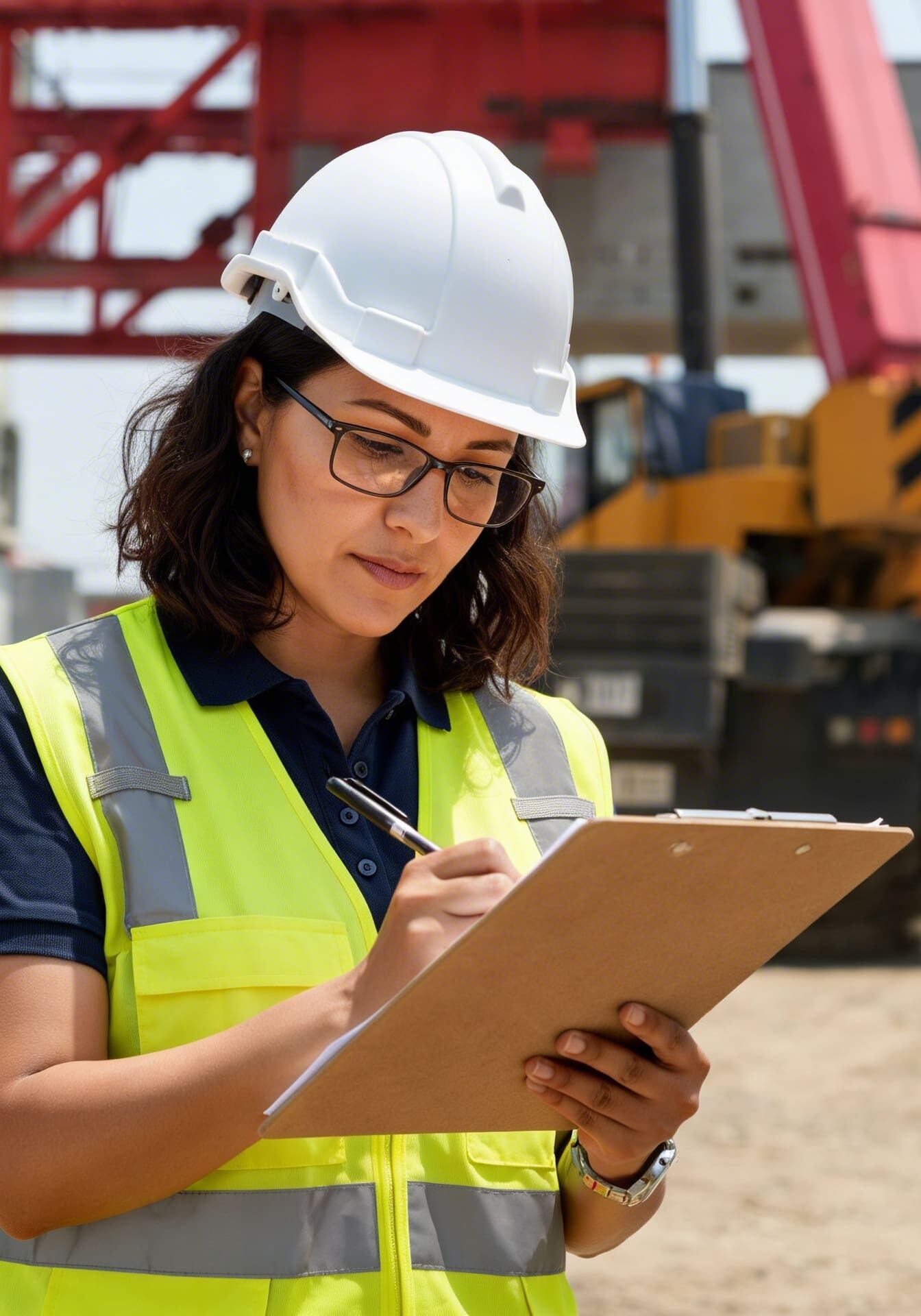 Construction worker in safety gear taking notes on site.