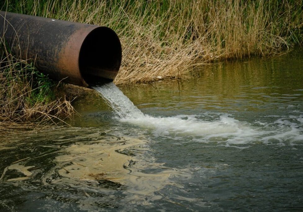 Water flowing out of a pipe into a natural body of water.