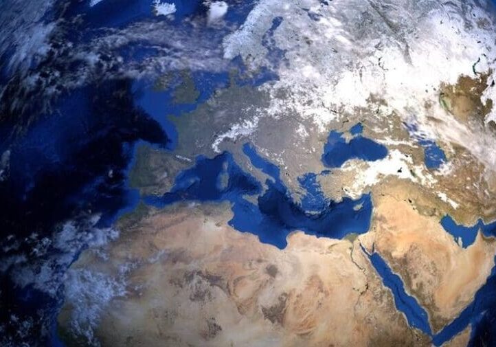 Satellite image showing Europe, North Africa, and the Middle East.
