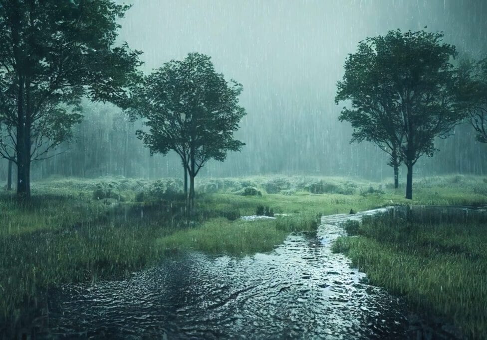 A serene rainy landscape with trees and a water-filled path.