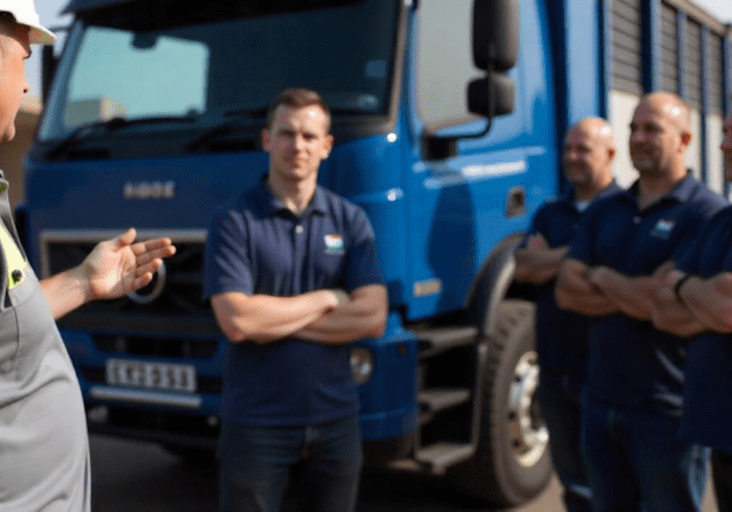Three men standing confidently in front of a blue delivery truck.