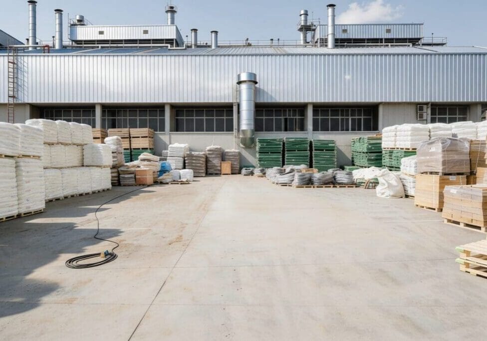Industrial storage area with large containers and equipment outside a factory building.