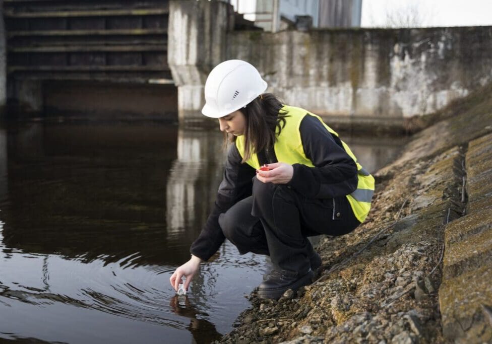 Engineer in safety gear inspects water quality by the riverbank.