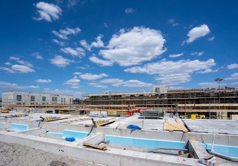 A sunny rooftop pool area with lounge chairs and a city skyline in the background.