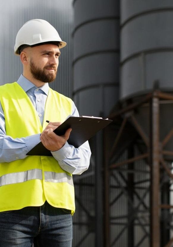 Engineer in safety gear inspecting industrial site with a tablet.