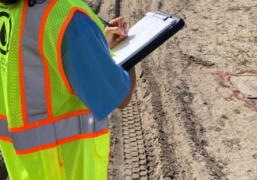 Worker in safety vest inspecting and writing on clipboard at construction site.
