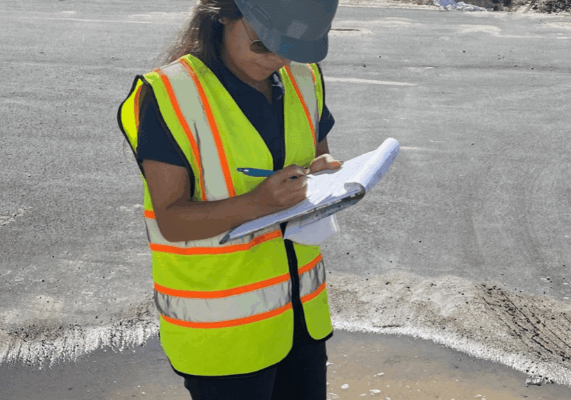 A woman in a safety vest writing on a clipboard outdoors.